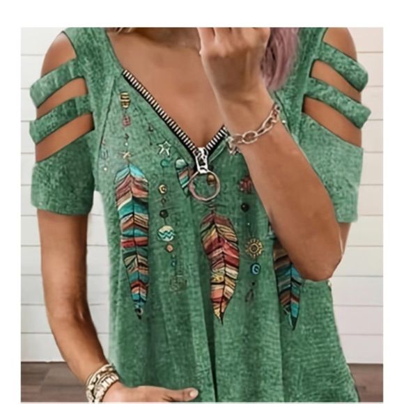 Madonna's Boutique Tops - VIBRANT GREEN Cold Shoulder with Feather Design Sizes:  S-XXL
